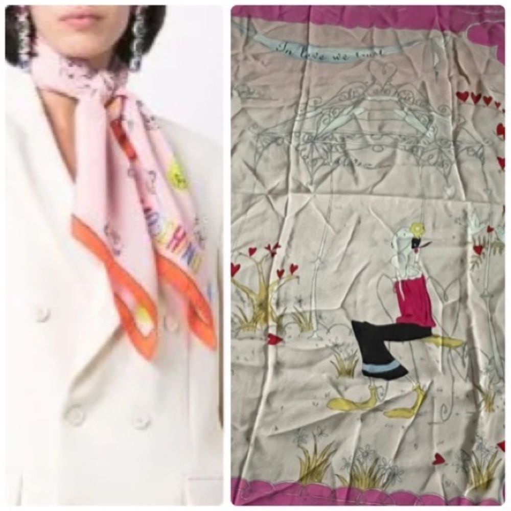 Moschino Rare Olive Oyl and Popeye Hearts Silk Scarf